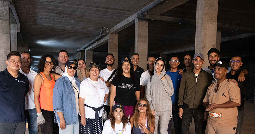 ShelterBox team members and Rotary volunteers in a warehouse in Morocco