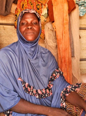 A woman wearing purple clothes