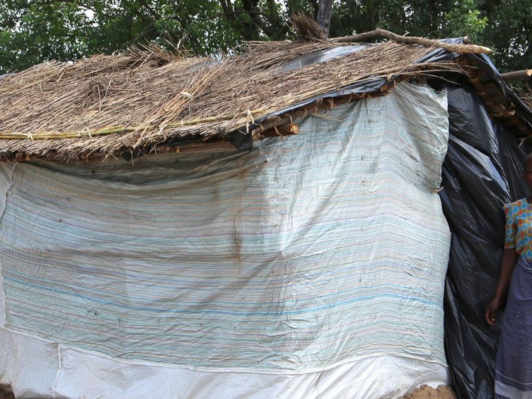 People standing next to a repaired house in Malawi